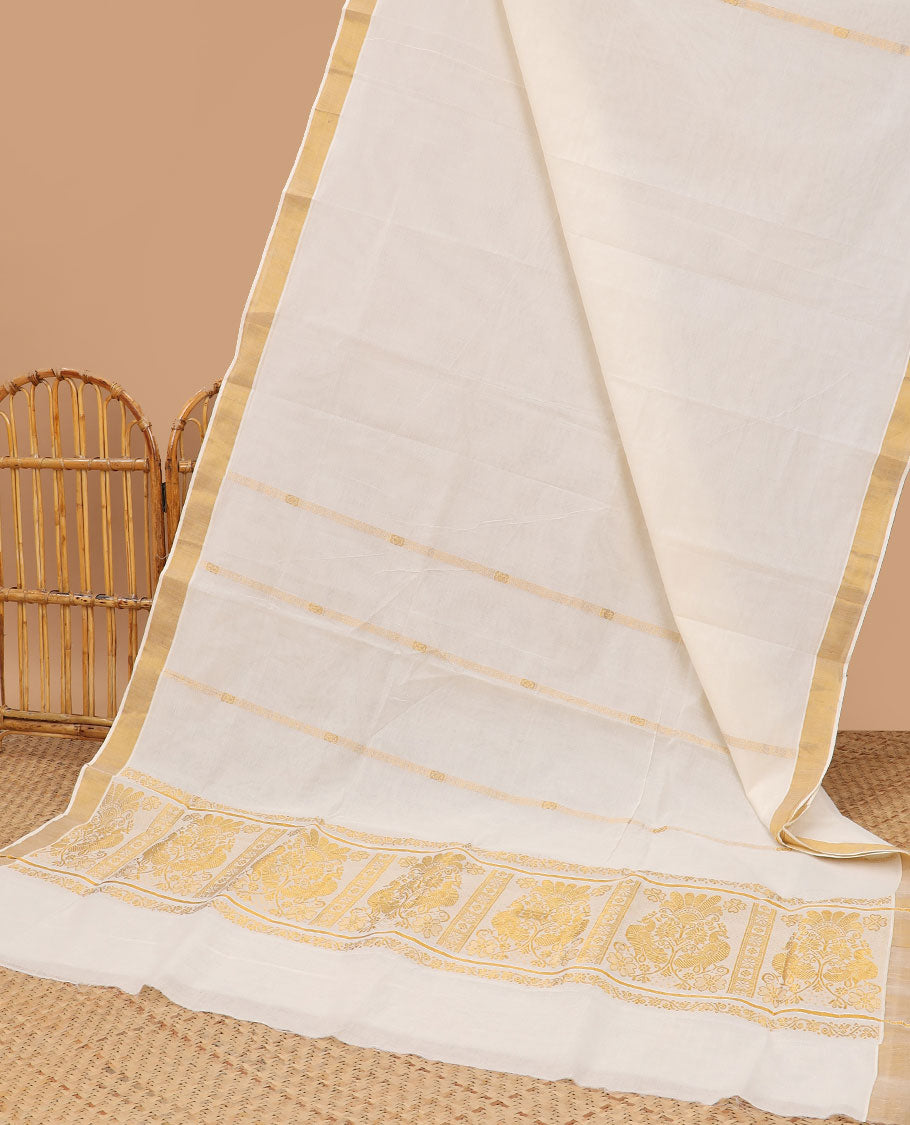 Cream kerala saree with zari stripes, zari border & pallu of peacock designs in zari