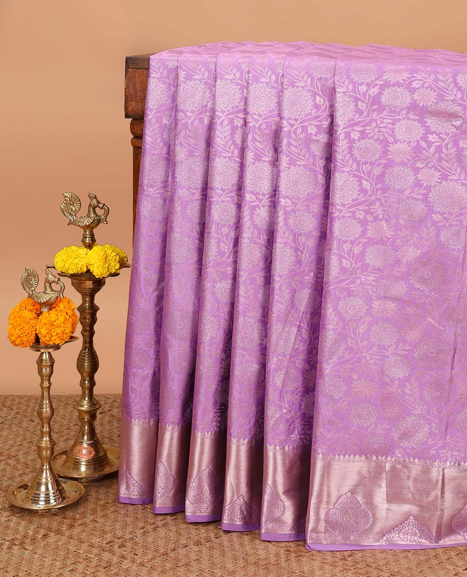 Lavender zari flower brocade design soft silk saree with bawanchi, butta border & rich weaving pallu along with brocade blouse