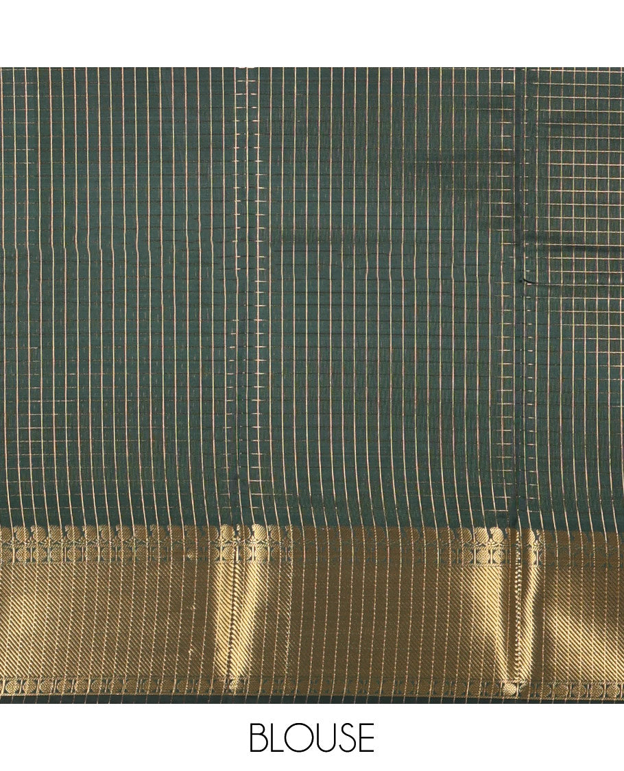 Green Semi-Katan Silk Saree, Ornamented with Golden Zari Checks on Its Body, Highlighted by a Traditional Zari Border of Paisley and Rudraksham Designs, Gleaming Pallu, and Paired with a Matching Blouse