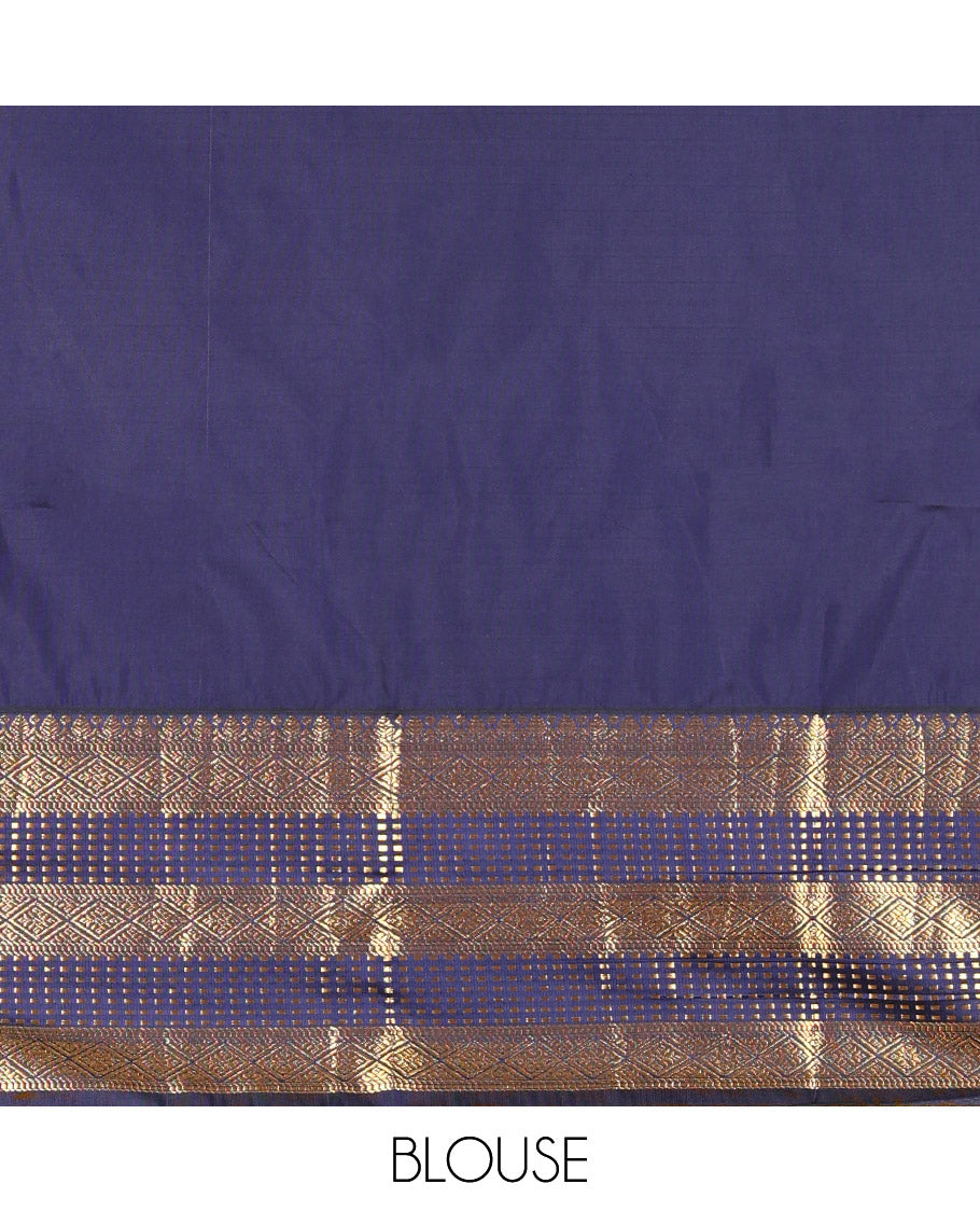 Yellow Kanchipuram Budget Silk Saree, Subtly Sparkled with Geometric Jacquard All Over Its Body, Complemented by a Contrast Traditional Zari Border of Diamond Designs, Grand Jaal Pallu, and Paired with a Contrast Blouse