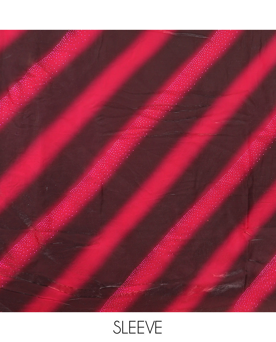 Magenta with pink digital printed fendi satin saree with swarovski stone , scallop border