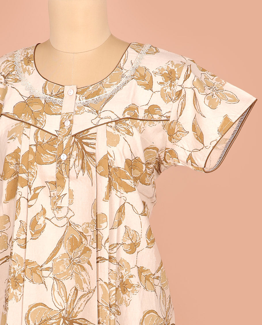 Light Sandal Cotton Nighty Eleganty Decked Up with Floral Patterns Print, Featuring Lace Work, Round Front Neck, and Half Sleeves
