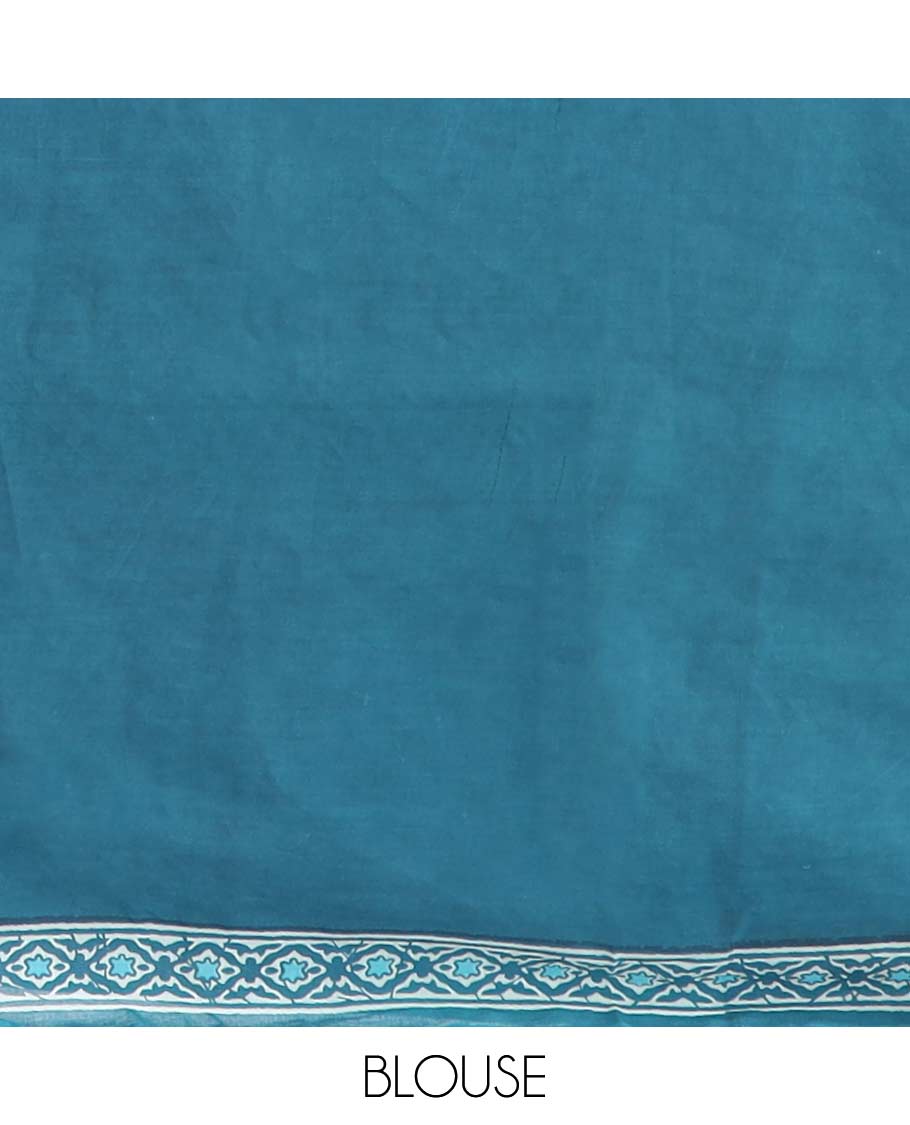 Blue floral design mul mul cotton saree with self geometric design border & floral, geometric design pallu