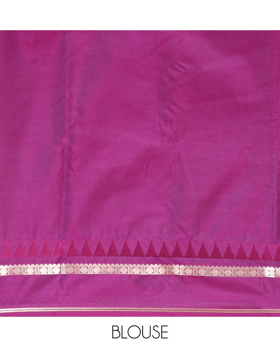 Peach zari butta semi soft silk saree with rettai pettu, temple border grand pallu along with plain blouse
