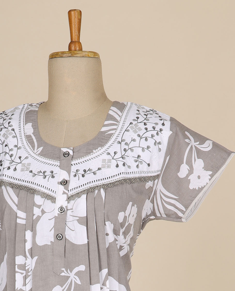 Grey floral printed & floral thread embroidery round neck cotton half-sleeve nighty
