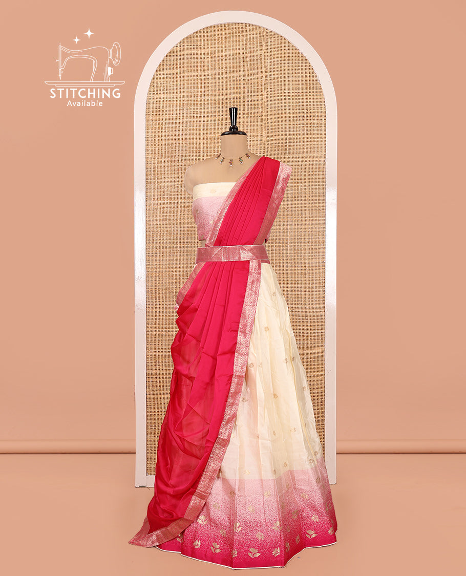 Cream-Rani Pink Semi-Silk Half-Saree Featuring Buttas Skirt, Contrast Floral Border, Matching Blouse, Contrast Syska Georgette Dhavani