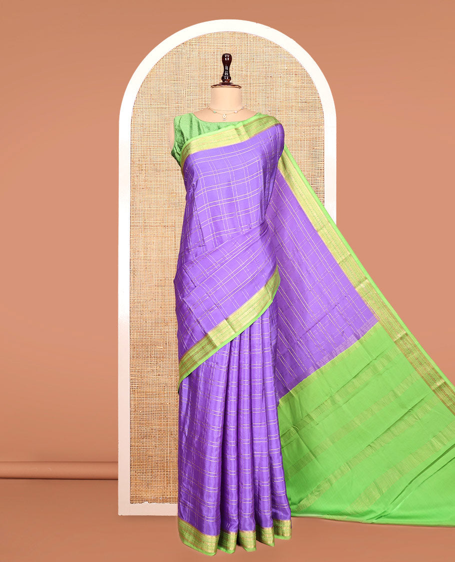 Lavender Mysore Silk Saree, Gleamed Up with Zari Checked Designs, Complemented by a Contrast Traditional Zari Design Border, Pallu Steeped with Zari Stripes, and Paired with a Contrast Blouse