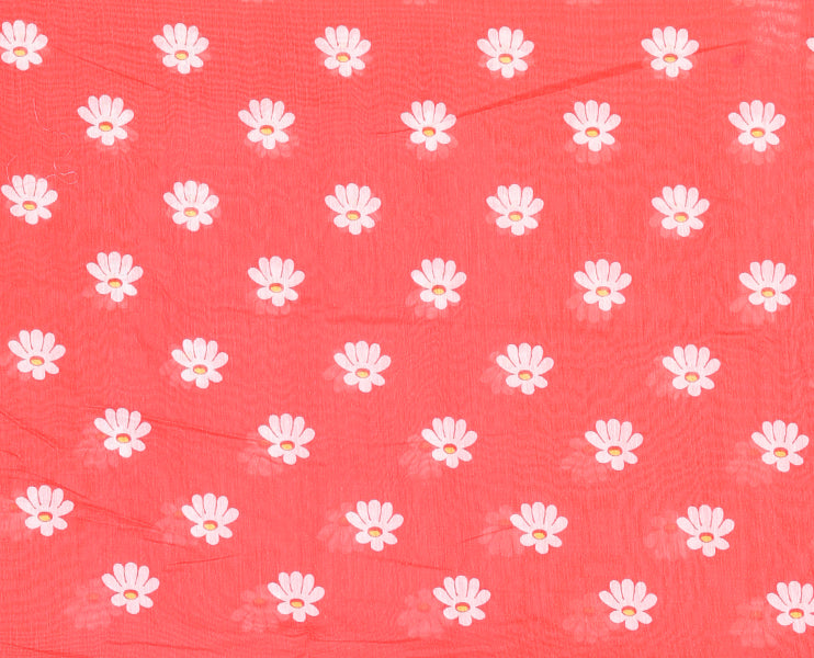 Borderless red Floral design chanderi cotton saree , floral vine printed pallu and small floral printed blouse