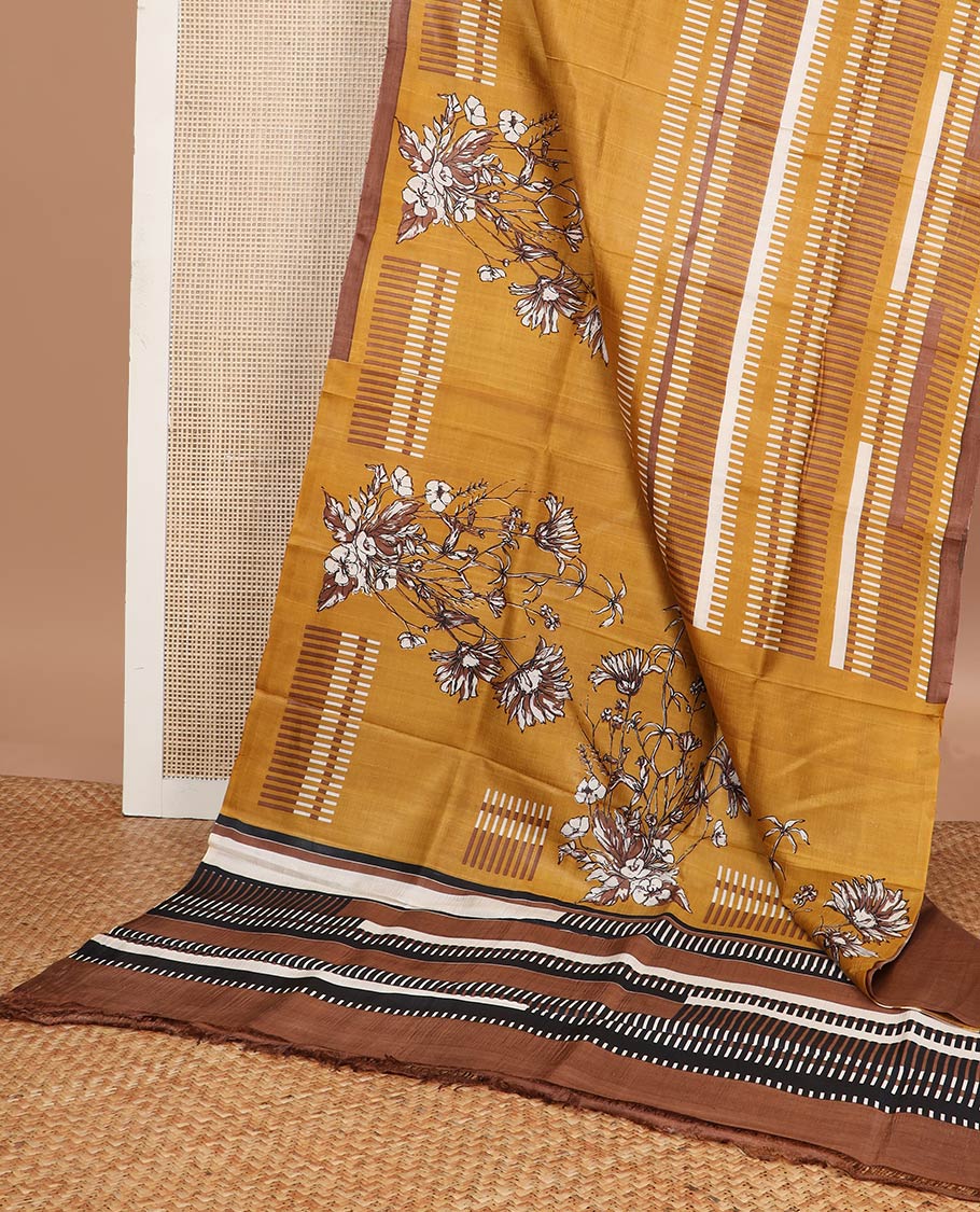Mustard floral, geometric design printed silk saree with contrast border