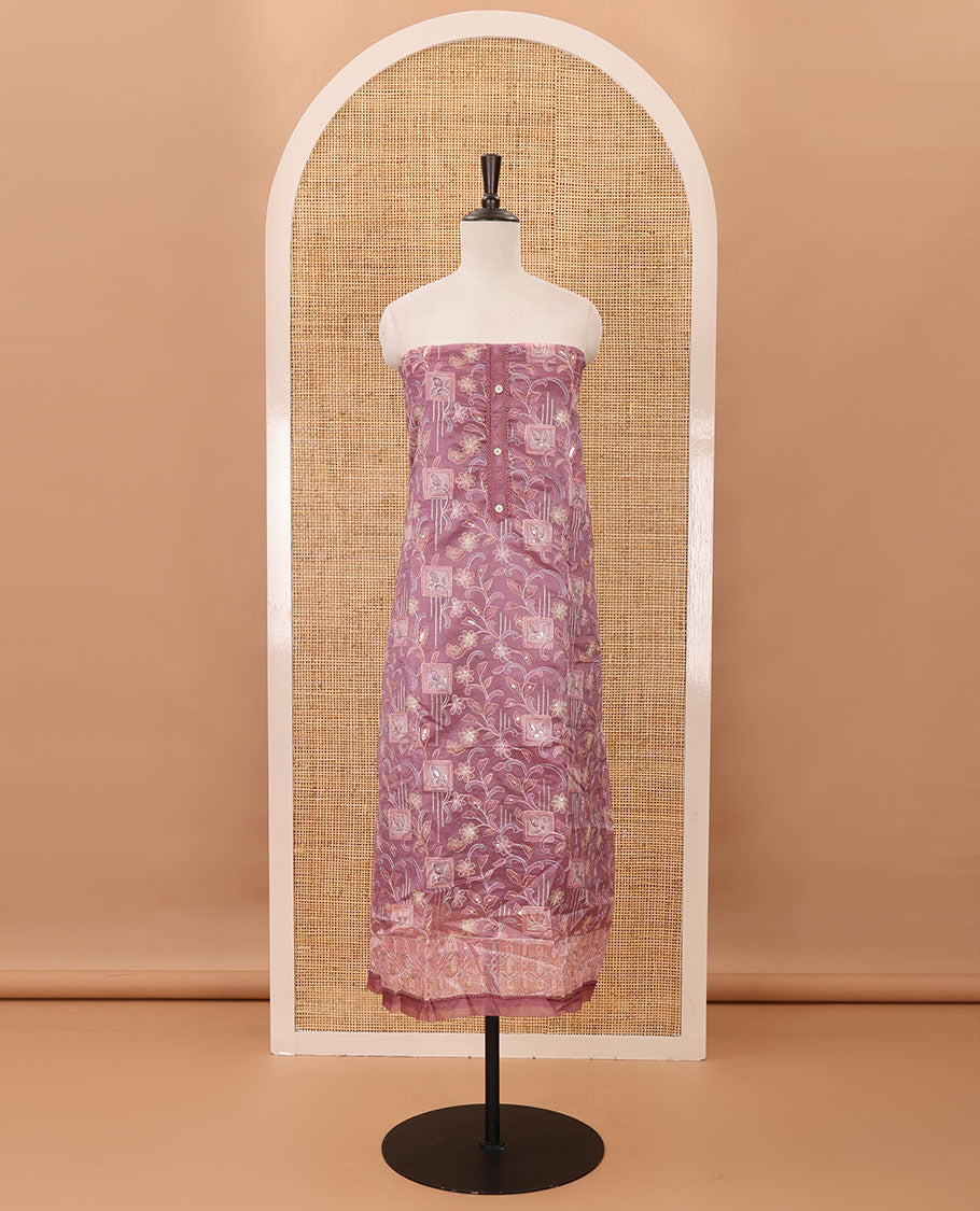 Onion pink material chudidar set,floral-geometric print & outline embroidery organza top,plain bottom & floral vine sequins embroidery dupatta