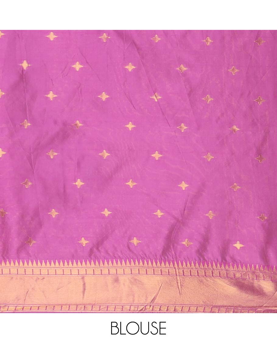 Cream with purple temple butta kanchi silk saree with temple, traditional zari border & rich weaving pallu along with butta design blouse
