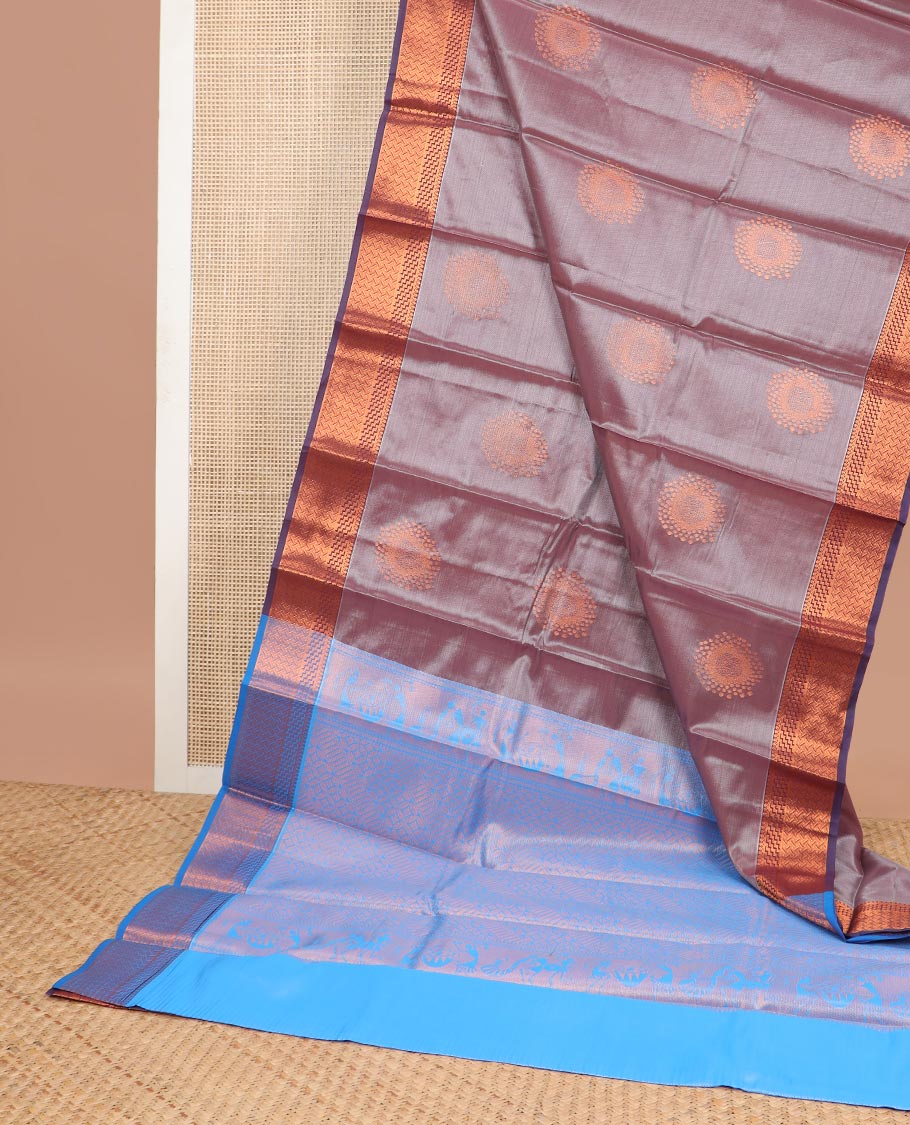 Brown round motifs semisilk cotton saree with contrast zari design border & geometric design pallu