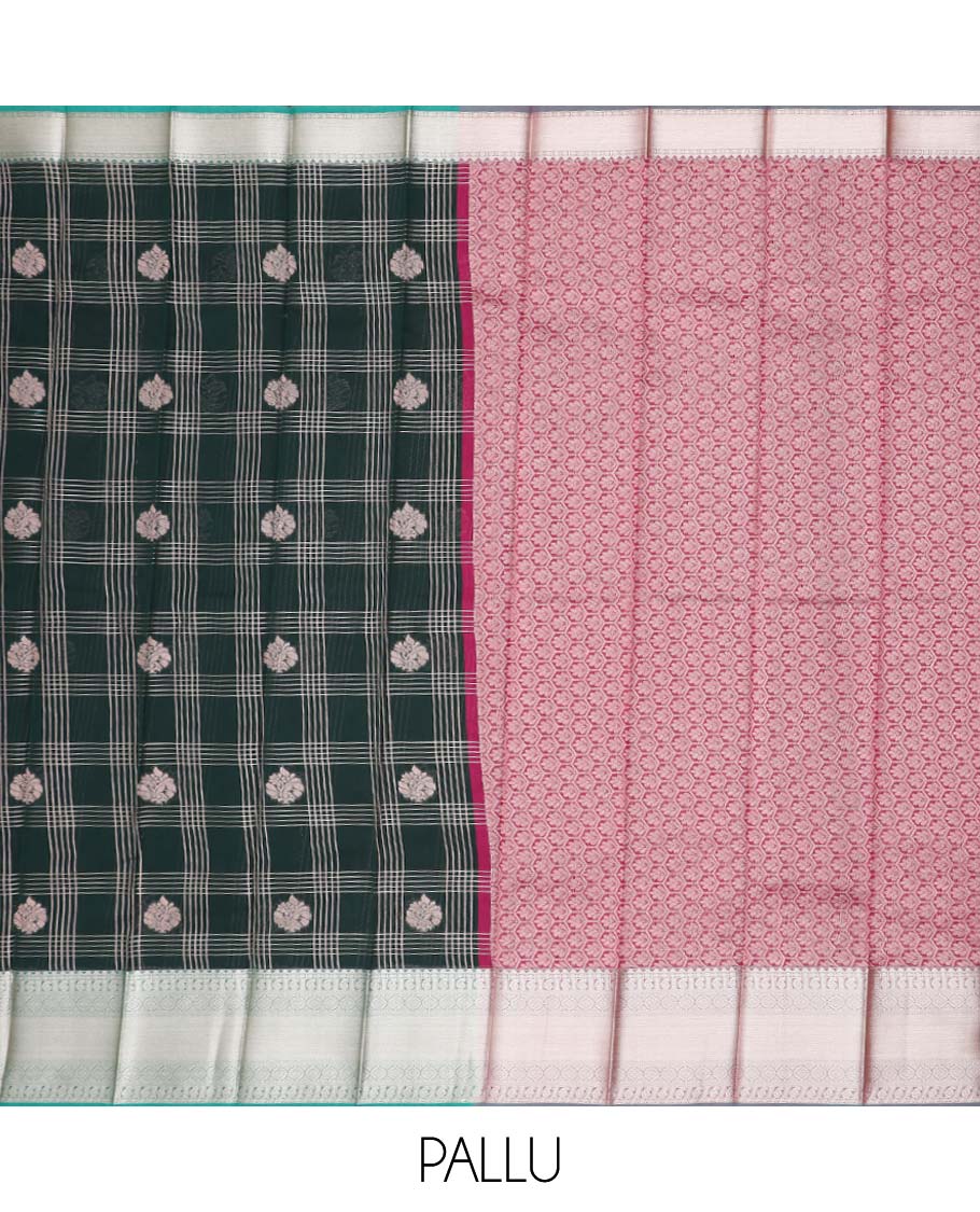 Dark green checked, floral motifs kora cotton saree with contrast zari design border & floral jaal design pallu