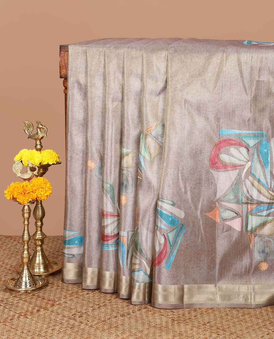 Mustard gold geometric print crush tissue saree with zari border & tissue pallu along with plain blouse