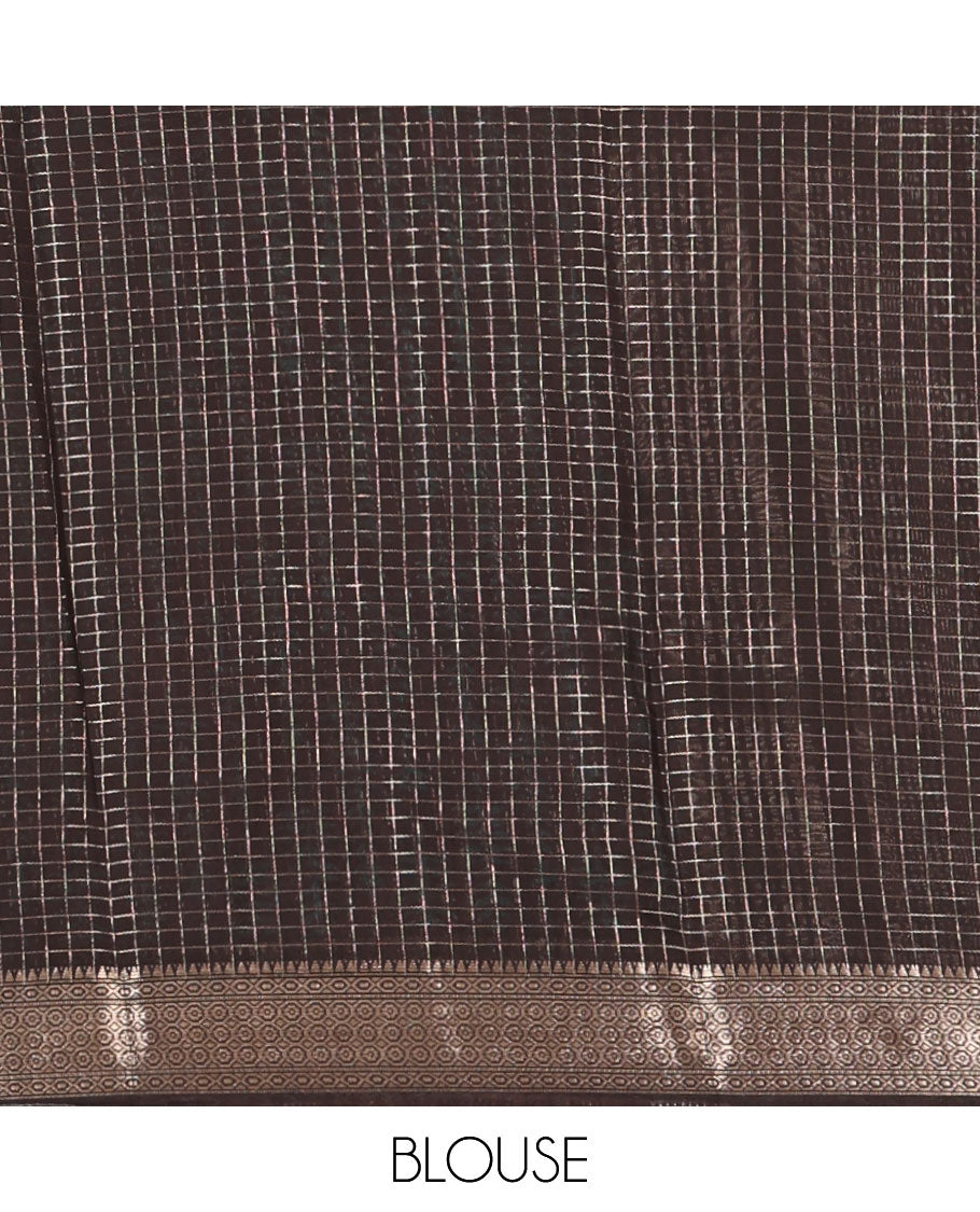 Maroon checked chanderi cotton saree printed with pine-tree motifs,contrast traditional zari border & zari checked pallu