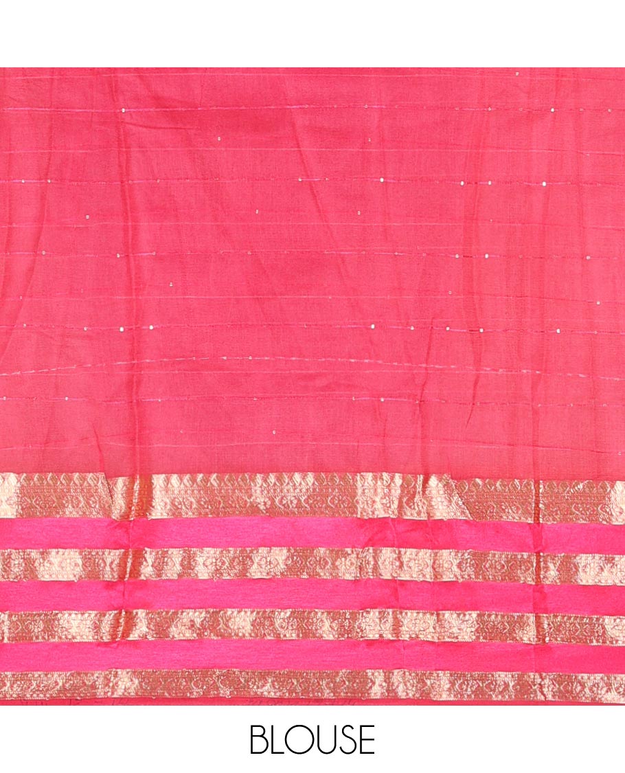 Off-White-Rani Pink Horizontal Striped Semi-Organza Saree, a Contrast Traditional Zari Border, Striped Pallu, and a Contrast Blouse