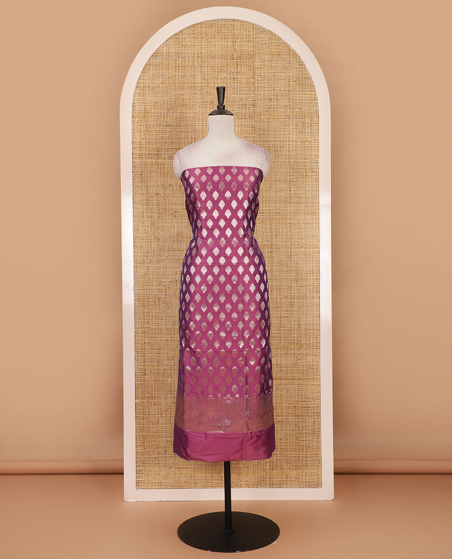 Wine banarasi material chudidar set, zari buttas woven top, plain bottom, and floral jaal taffeta silk dupatta
