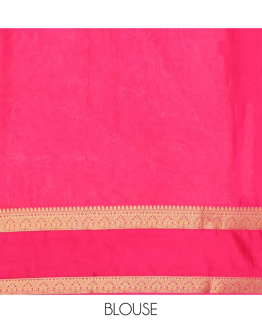 Baby pink madhubani-style floral vine semi-banaras printed saree, contrast traditional design border & striped pallu
