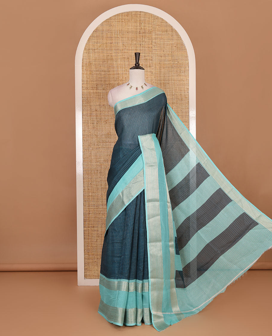 Navy blue zari checked moss milan saree, contrast traditional zari rettai pettu border, striped pallu, and contrast blouse