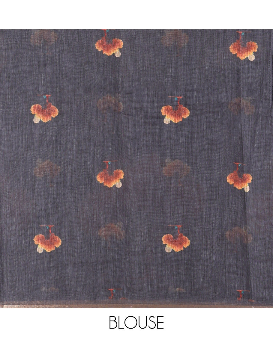 Black Linen Cotton Saree, Embellished with Tree Motifs Print on Its Body, Self-Pallu of Tree Motifs Print, and Matching Blouse