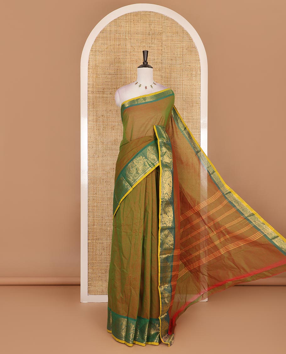 Green plain Chettinad cotton saree, contrast annam and rudraksham motifs zari border, striped pallu, and plain blouse