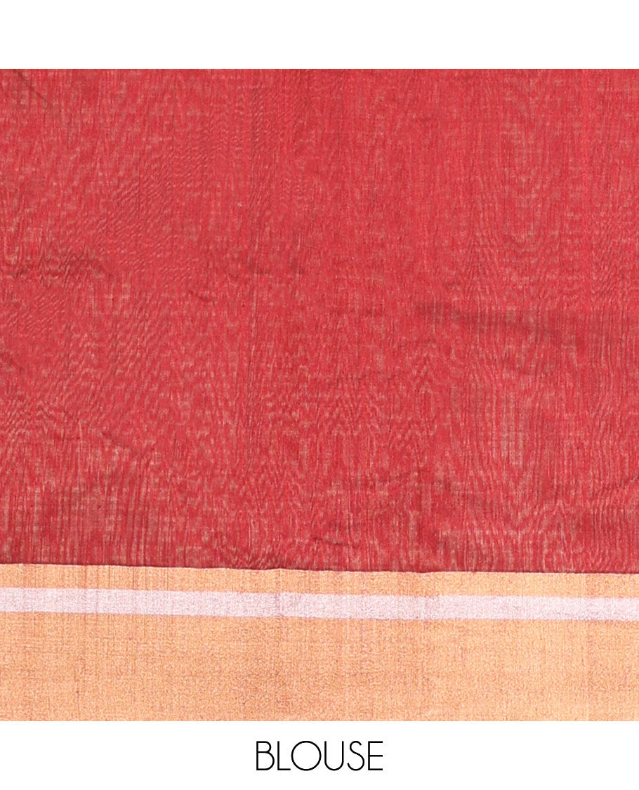 Red floral motifs chanderi cotton saree with contrast zari design border & striped pallu