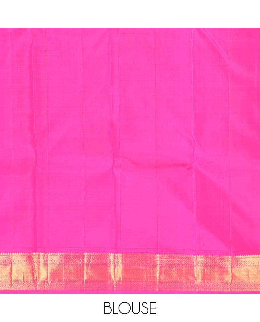 Green plain Kanchipuram korvai silk saree, contrast neer korvai border of thilakam mokku, banaras, muthu, and laddu kamalam, and jaal pallu