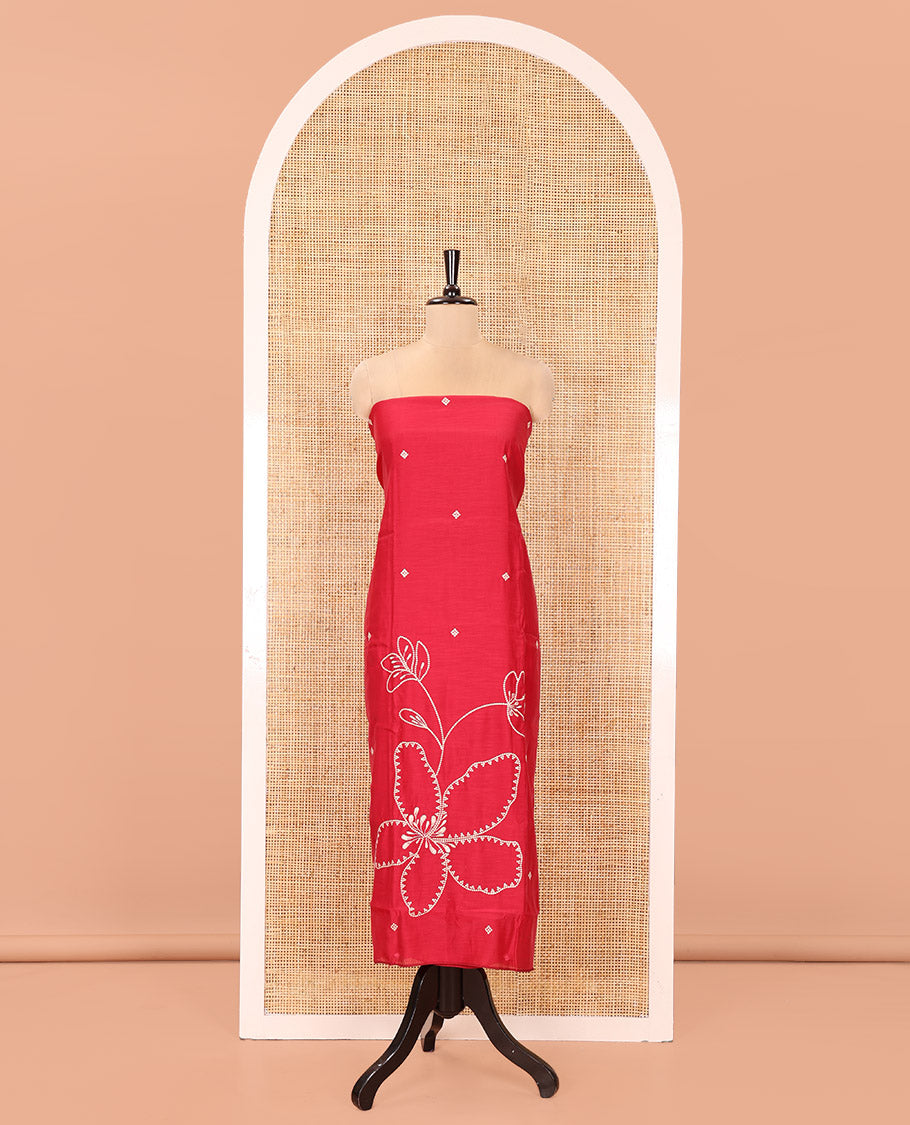 Maroon Mul Chanderi Designer Material Chudidar Set, Meticulously Woven with Big Floral Motifs Embroidered On Its Top, A Plain Santoon Bottom, and Paired with a Mul Chanderi Scallop Thread Embroidered Dupatta