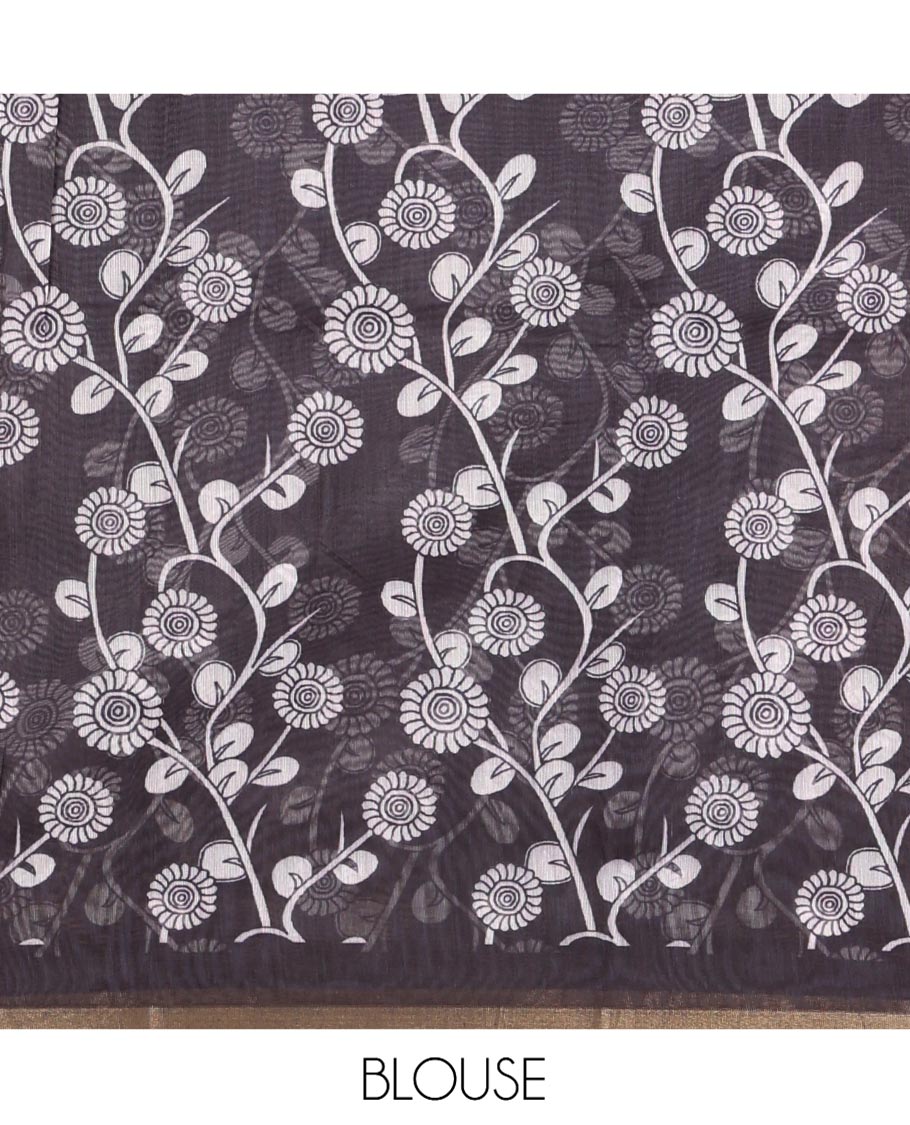 Black Chanderi Cotton Saree, Detailed with Kalamkari-Style Ancient Human Figurines Printed on Its Body, Subtle Zari Piping Border, Pallu Depicting Kalamkari Peacocks, and Paired with a Matching Blouse