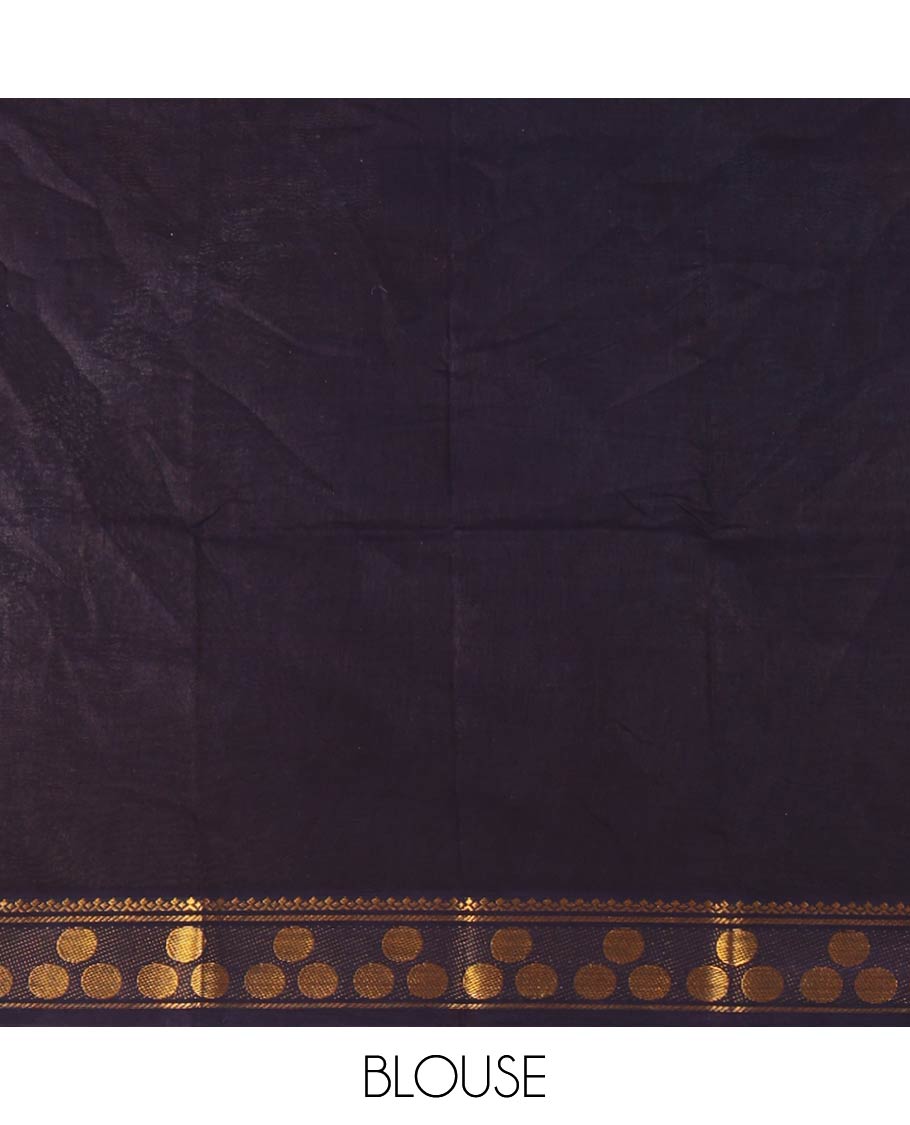 Rani pink full-plain sungudi cotton saree, contrast zari round motif big border, lining seer pallu & plain blue blouse