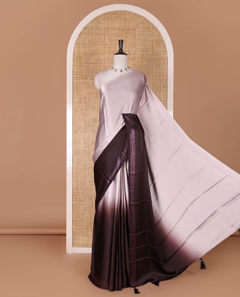 Brown ombre full-plain satin crepe saree, copper zari border, and plain blouse