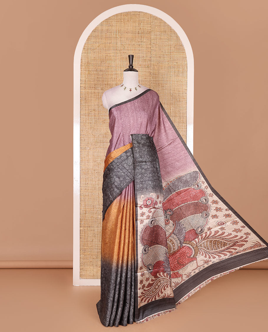 Borderless mustard ombre style dyed and floral vine design semi tussar saree, contrast kalamkari printed pallu and blouse