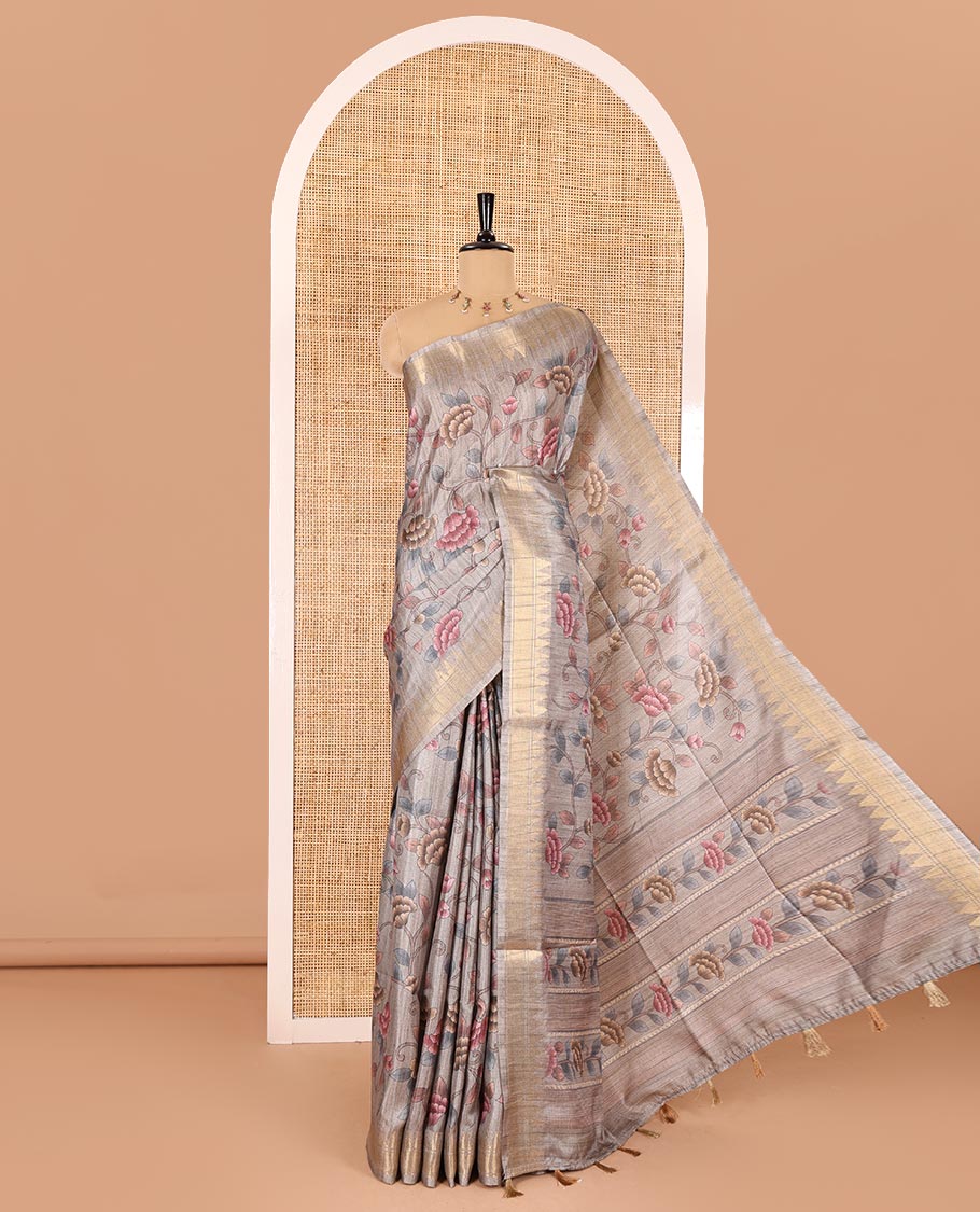 Fawn floral vine printed fancy tussar saree, zari temple border, floral printed pallu, and a matching zari woven blouse