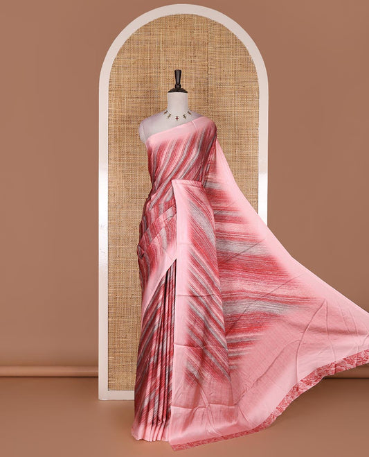 Pink leheriya style hand brush printed satin crepe saree, contrast border, plain pallu, and floral vine printed blouse