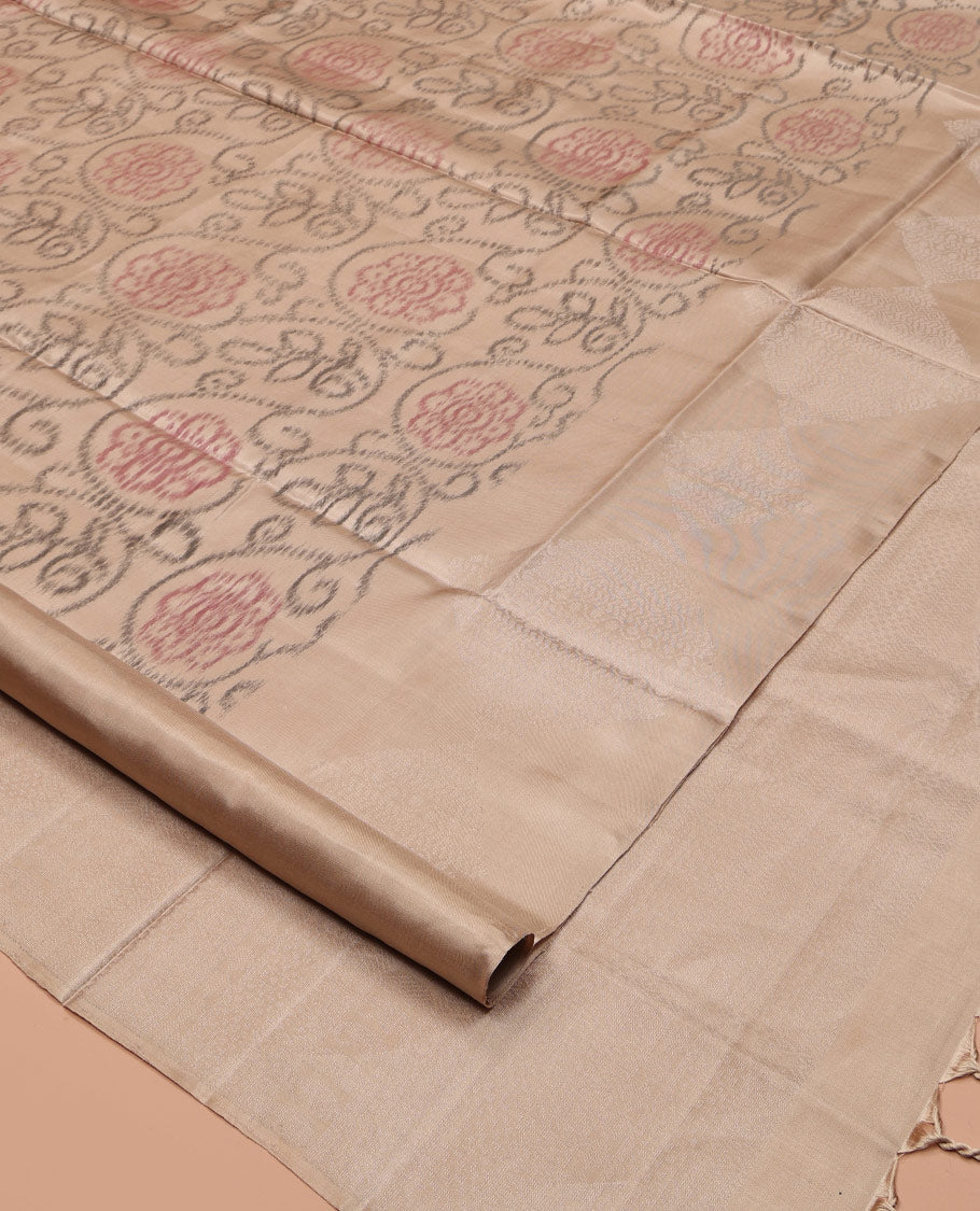Sandal Mayuri Soft Silk Saree, Adorned with Ikat Weave, Sparsely Woven Zari Border, Sparsely Woven Pallu, and a Matching Blouse
