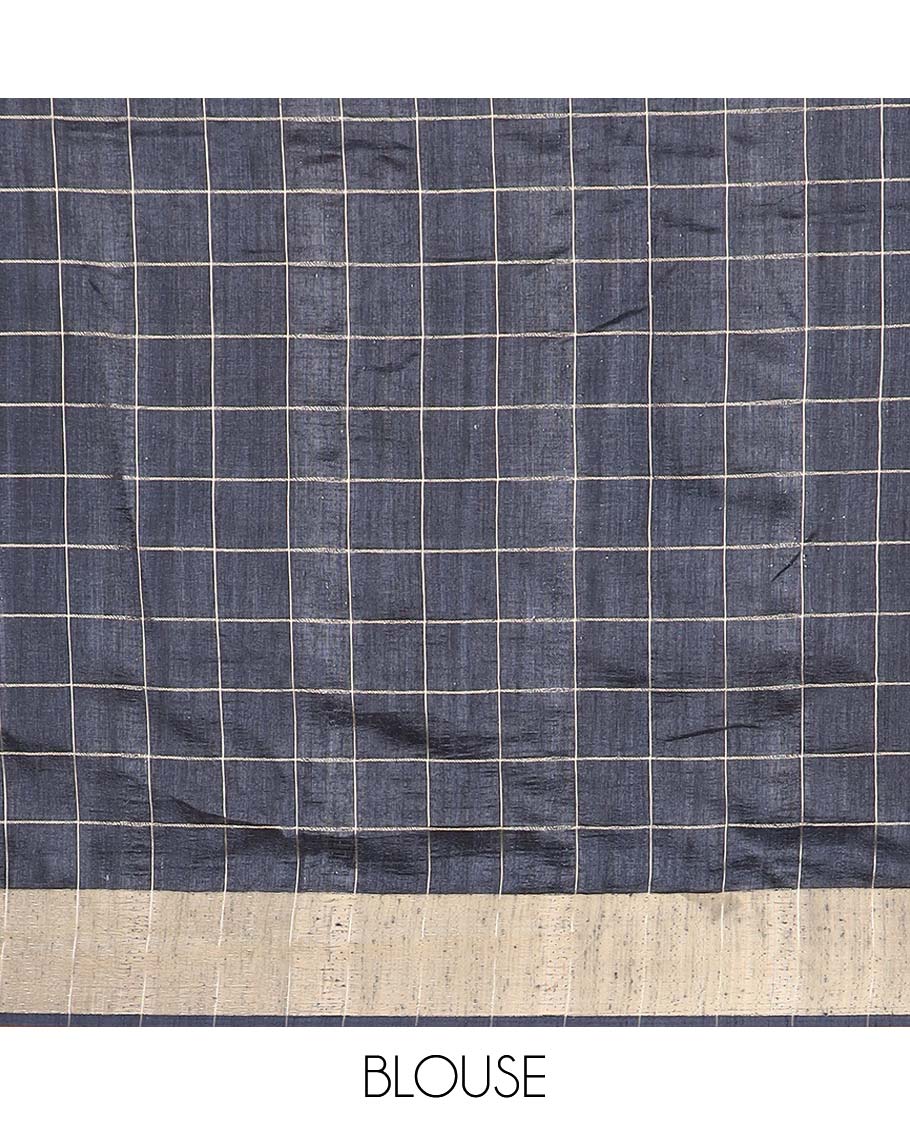 Navy blue checks with floral printe semi tussar saree, gold zari bawanchi border & printed pallu along with checked blouse