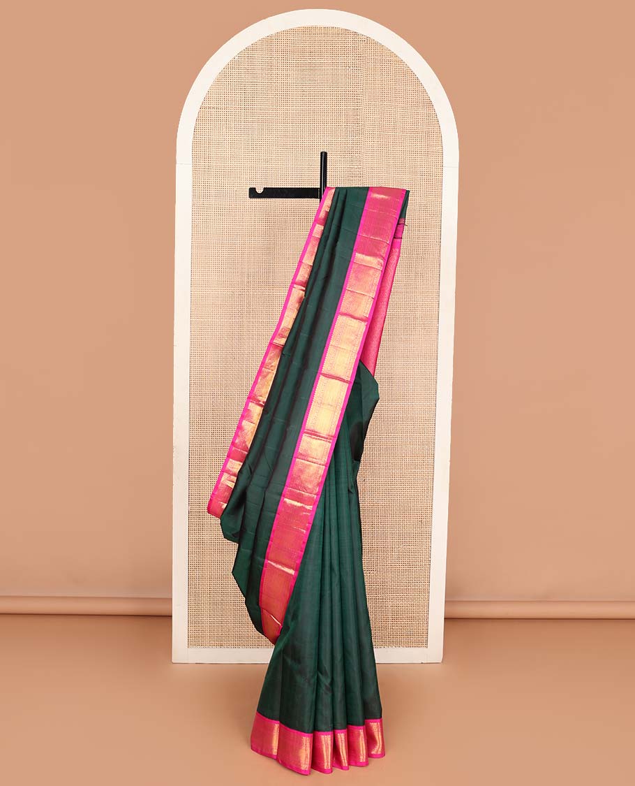 Green plain Kanchipuram korvai silk saree, contrast neer korvai border of thilakam mokku, banaras, muthu, and laddu kamalam, and jaal pallu