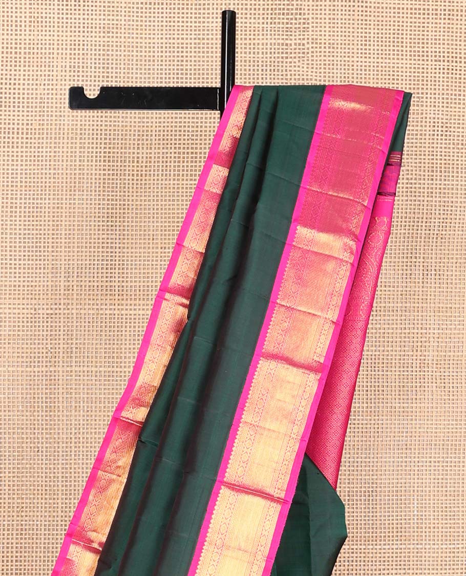 Green plain Kanchipuram korvai silk saree, contrast neer korvai border of thilakam mokku, banaras, muthu, and laddu kamalam, and jaal pallu