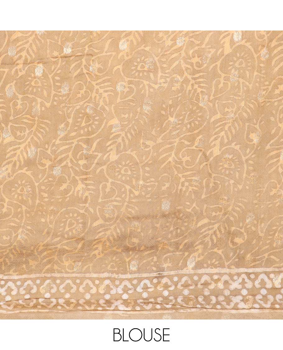 Pale brown batik floral design chanderi cotton saree with self zari design border & striped, floral design pallu