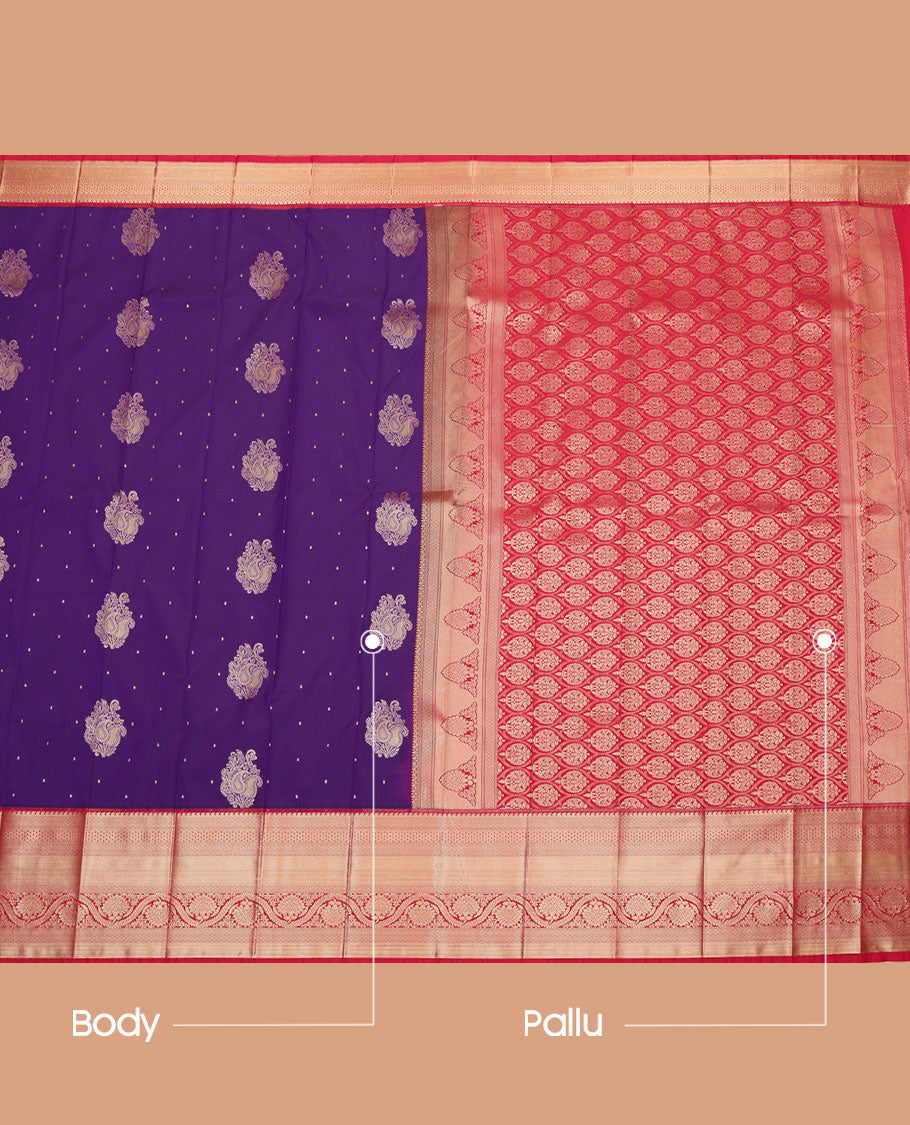 Violet Budget Silk Saree, Beautifully Bedecked with Zari Buttas All Over Its Body, Complemented by a Contrast Traditional Zari Design Border, Pallu Features Ogee Patterns, and Paired with a Contrast Blouse
