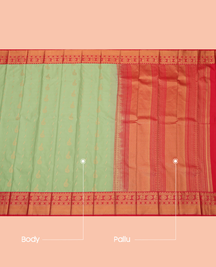 Green Budget Silk Saree Enthralled with Zari Buttas, a Contrast Traditional Zari Border, Intricate Pallu, and a Contrast Blouse