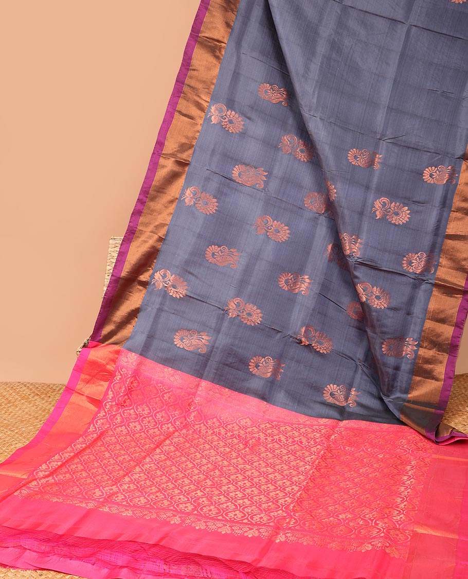Grey floral motifs semi-uppada saree with contrast zari border & zari jaal design pallu