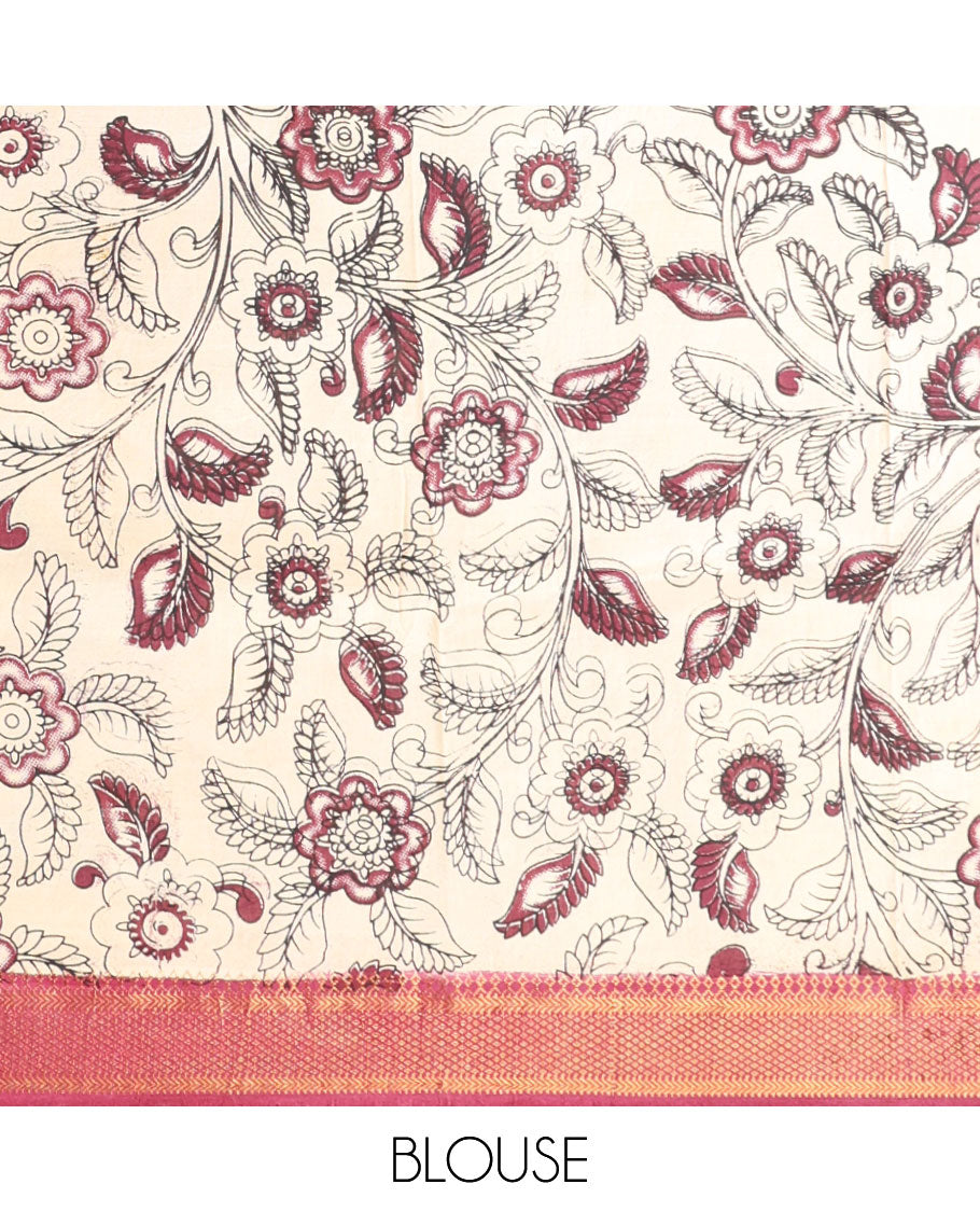 Off-White floral design machine-printed kalamkari cotton saree with contrast zari design border & animal motifs pallu
