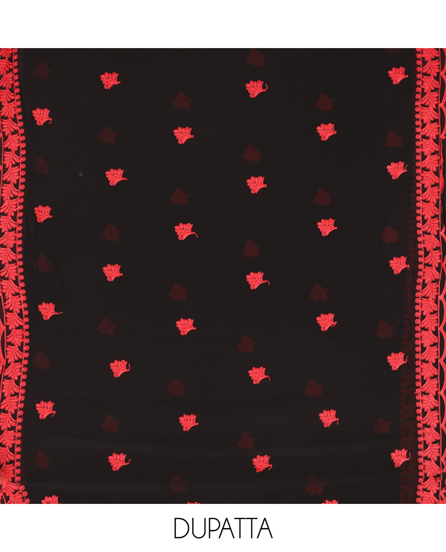 Black-Red Georgette Material Churidar Features Paisley Embroidered Top, Plain Bottom, Scallop Thread Embroidered Dupatta