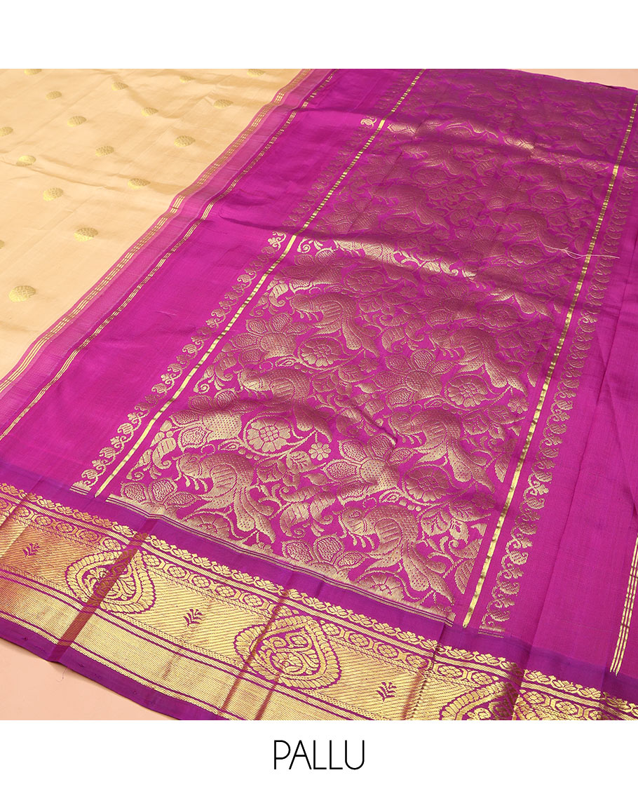 Sandal Kanchipuram Silk Saree, Showcasing Zari Buttas on Its Body, Complemented by Contrast One-Sided Border, Pallu Features Floral and Bird Designs, and Comes Without a Blouse
