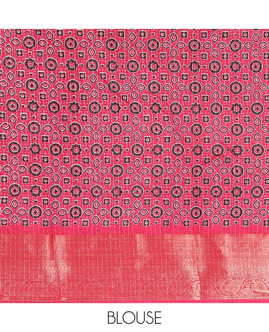Cream-rani pink zari striped dola silk saree, contrast traditional zari border of leaf creeper, Ajrakh printed pallu, and Ajrakh printed blouse