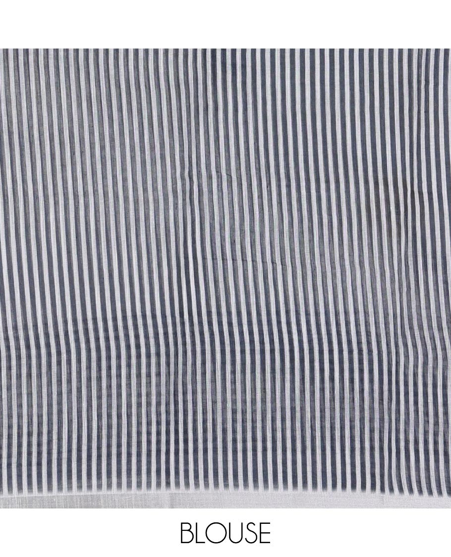 White sun and the giraffe motifs printed linen cotton saree, stripes printed zari piping border, pallu of triangle, and sun motifs print, and striped pallu