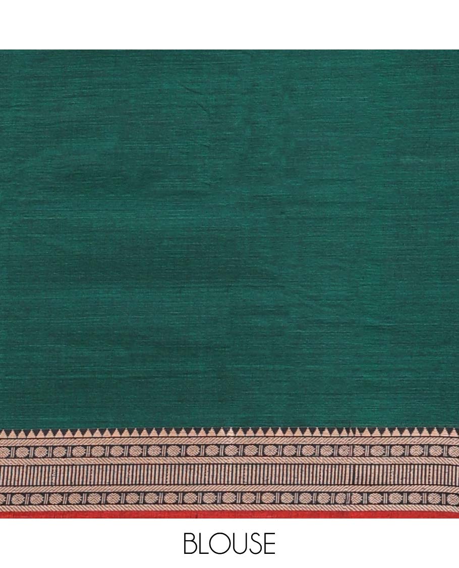 Green plain Narayanapet cotton saree, contrast traditional design border & striped pallu