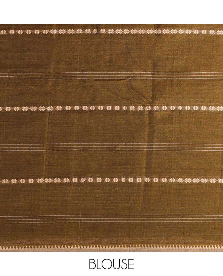 Green striped Narayanapet cotton saree with self temple border & striped pallu