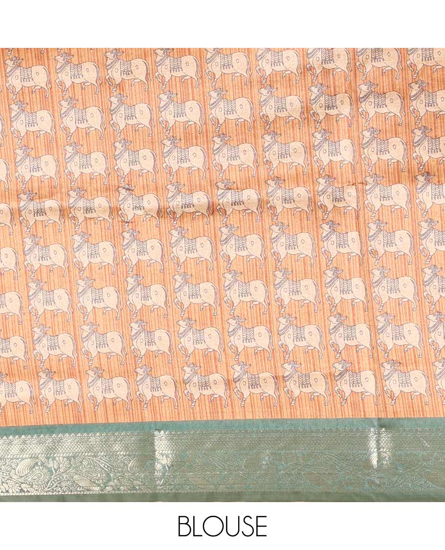 Green striped semi-tussar saree, traditional zari border of floral creeper designs, contrast pallu of Pichwai cow print, and contrast Pichwai cow printed blouse